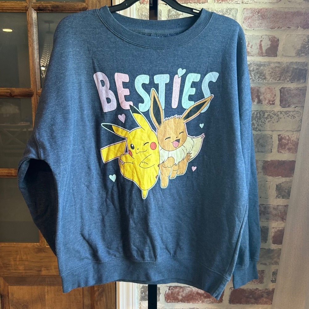 Pokemon Sweatshirt Women Blue Pikachu Eevee Besties Graphic Crew Neck L